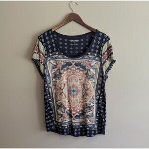 Lucky Brand Womens 1X Persian Carpet Tee Shirt Blue Boho Plus Size Top Peasant